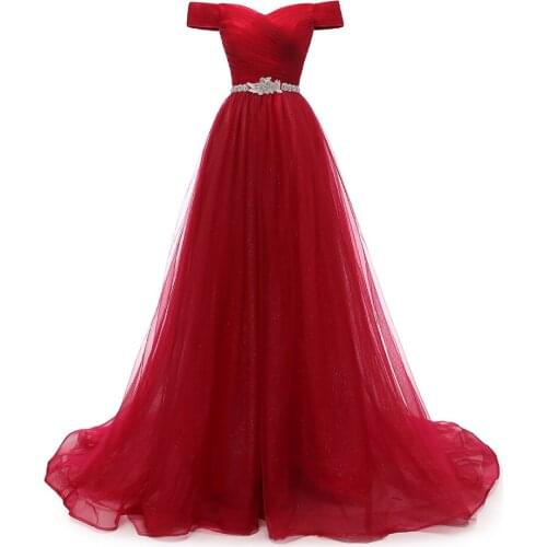 VKBRIDAL Off Shoulder Red Long Evening Dress Belt Beaded Vintage Prom Gowns Vestido De Festa Lace Up Back Cheap Evening Gown
