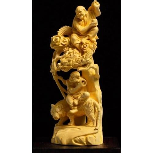 18CM Wood Dragon Tiger Arhat Mythological Figure Boxwood Buddha Statue Zen Feng Shui Crafts Wood Bodhisattva Home Decoration