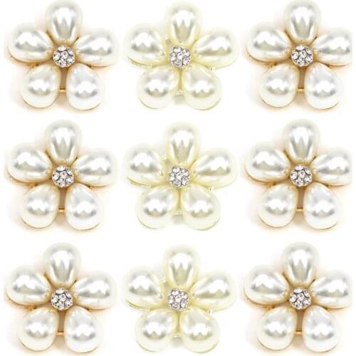 25*25MM Flower White Pearl Buttons For Wedding Dresses Crystal Rhinestones Glue On Strasses Metal Bottom Glue On Hairband 10pcs