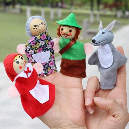 Hot Sell 4pcs/Lot Kids Finger Puppets Doll Plush Toys Little Red Riding Hood Wooden Headed Fairy Tale Story Telling Hand Puppets