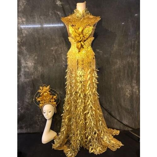 Sparkly Golden creative dress crystals Sequins Long Dress Womens Celebrate Outfit Nightclub Female Singer Sexy Stage Dress