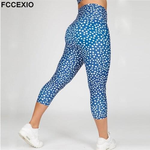 FCCEXIO New Women Push Up Sporting Elastic Slim Blue Dot Print Leggings Sportswear Workout Pants Skinny Ladies Fitness Leggings