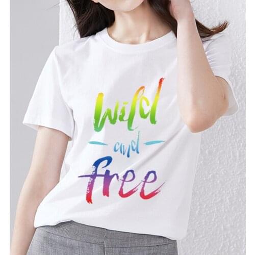T-shirt Womens Simple Commuter O-neck Fashion Letter Watercolor Wild White Casual Slim Ladies Comfortable All-match Soft Top