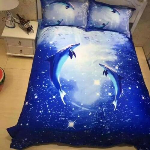 Blue dolphine Cotton 3D Animal Bedding set Cool 100% Cotton oil printing Duvet Cover Set Bed Sheet PillowCase Queen King 4pcs
