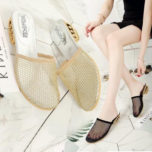 Fashion Summer Thenew Sandals Mesh (Air mesh) Baotou Cutout Non-slip Breathable Gauze Outside Shallow Square heel Med (3cm-5cm)