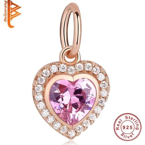 Wholesale 100% 925 Sterling Silver Rose Gold Heart Charm Delicate Pink Crystal Bead Fit Original Bracelet Women Party Gift