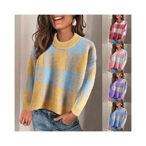 2020 Autumn Sweater New Womens Simple Color Matching Plaid Loose Long-sleeved Pullover Rabbit Fur Sweater Women