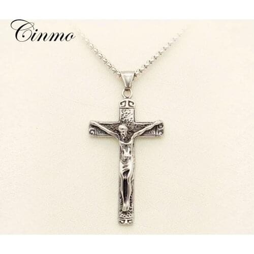Cinmo Vintage Jesus Statue Necklace Retro Cross Shape Christian Stainless Steel Necklaces For Men Women Fashion Jewelry Gift