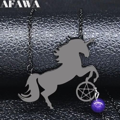 Witchcraft Unicorn Stainless Steel Necklace Women Purple Crystal Black Color Necklaces Pendants Jewelry collar mujer N20097S02