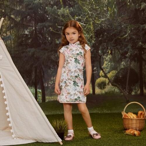 Girl Dress with Disc Button 2021 Chinese Style Dress for Children Girls Cheongsam Floral Cotton Kidss Short Sleeve Cheongsam