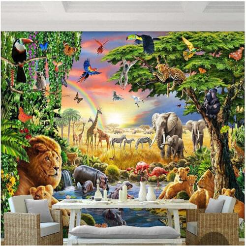 Custom 3d photo wallpaper 3d wall mural wallpaper Rainbow green woods parrot elephant animal children painting 3d wallpaper room