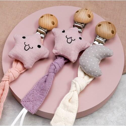 Factory Direct Baby Organic Cotton Dummy With Wooden Pacifier Clip Traction Baby Fabric Pacifier Chain Pacifier Pendant