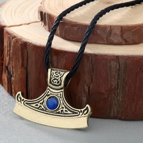 QIAMNI Punk Axe of Perun Blue Zircon Sekira Axe Pendant Viking Nordic Talisman Choker Magical Men Male Jewelry Gift Collier