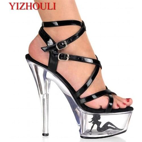 15cm ultra high heels sexy platform with transparent crystal sandals 6 inch womens shoes black performance shoes
