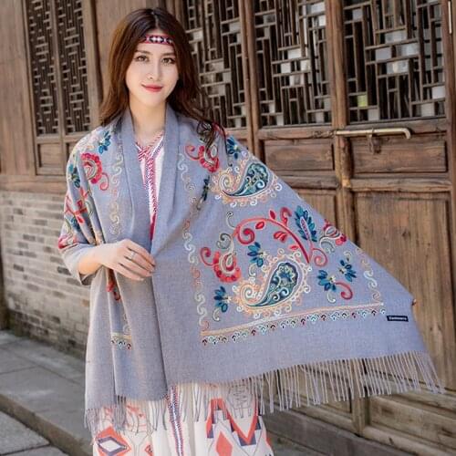 Ethnic Style Scarf Women Autumn Winter Embroidered Flower Shawl Thickened Warmth Travel And Vacation Large Winter Shawl Foulard