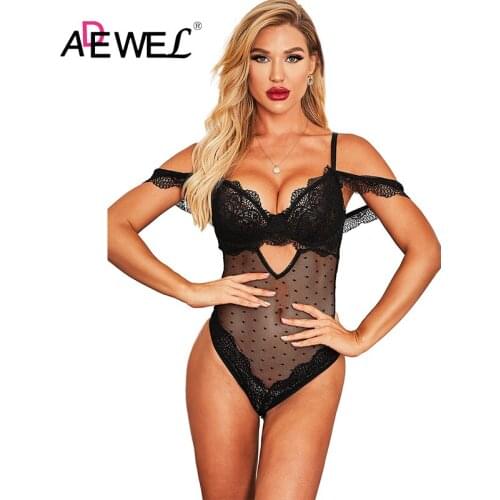 ADEWEL Sexy Black Lace Dotted Push Up One Piece Women Bodysuit Bodys Para Mujer Body Feminino Para Mulheres Neon Clothes L