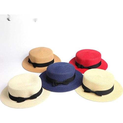 2019 Parent-child wholesale sun flat straw hat boater hat girls bow summer Hats For Women kid and Beach flat panama straw hat