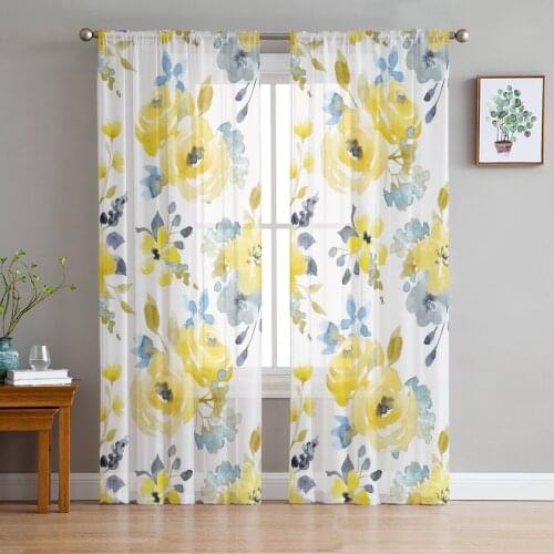Plant Yellow Watercolor Flowers Sheer Curtains for Living Room Modern Voile Curtain Bedroom Tulle Curtains Window Drapes Decor