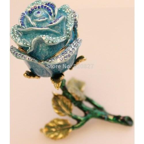 Blue Rose Bejeweled Trinket Jewelry Box Wedding Gift Metal Rose Tin Ornaments for wife and Beloved