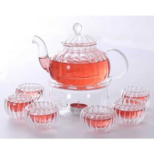 Pumpkin Borosilicate Glass Tea Pot Set Infuser Teapot+Warmer+6 Tea Cups