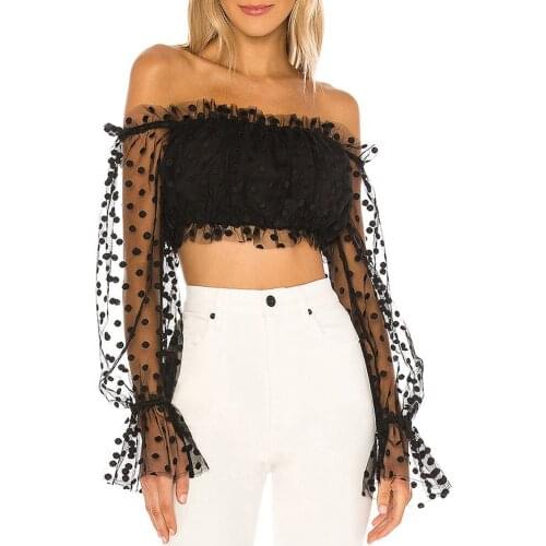 Women Summer Clothing Tops Polka Dots Print Mesh Patchwork Puff Sleeve Sheer Lace Off Shoulder Crop Tops Ladies Party Blouse