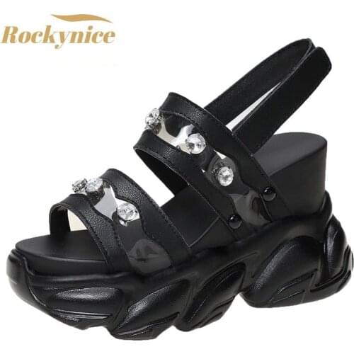 Women Gladiator Shoes 2021 Summer Peep Toe Sandals Crystal Block Heel Sneakers Woman Dress Sexy Ladies Leather 10cm High Sandals