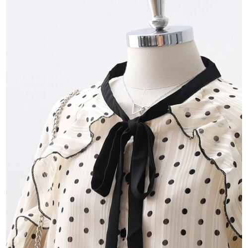 Womens Tops and Blouses Polka Dot Print Ruffle Elegant Design Long Sleeve Chiffon Bow Tie Vintage Office Lady Tunic Shirt Female