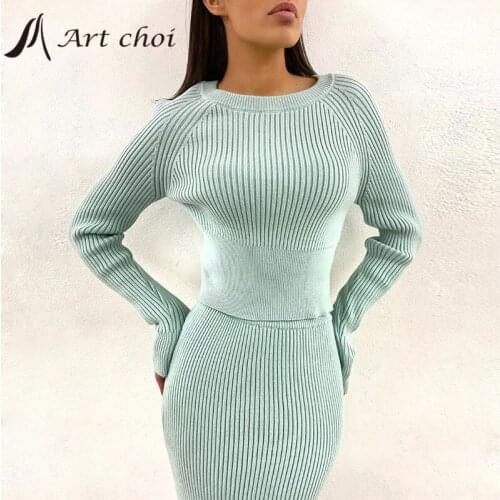 Knitted Sweater Dress Skirt Two Piece Set Casual Suit Women Autumn Winter Pullover Midiskirt Tops Jumper 2 Piece Sets Outfits