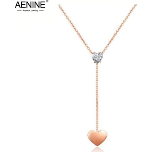 AENINE New Design Heart-shaped Pendants Necklaces Cubic Zirconia Necklace Titanium Steel Rose Gold Color Women Jewelry AN17065