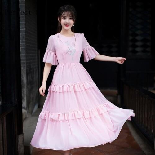 2021 Summer New Arrival Hot Sale Vintage Flower Embroideried Flare Sleeve Women Chiffon Long Dress Pink