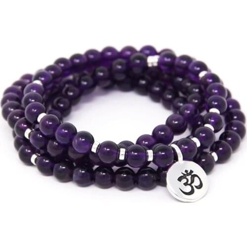 8mm Natural Amethyst Gemstone 108 Beads Mala Bracelet bless Healing Wrist Meditation Prayer Chakra Yoga Unisex Wristband