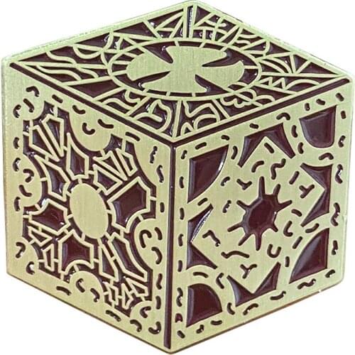 Shiny Gold "Lament Configuration" Badge Horror Movie Hellraiser Puzzle Box Pin Unlocks a gateway to Hell