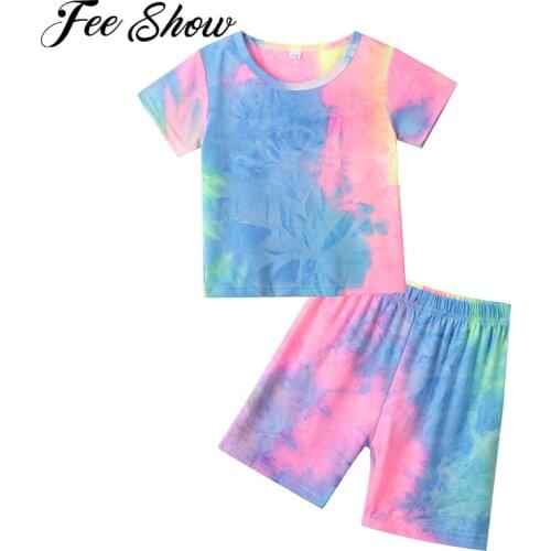 Kids Girls Tie Dye Print T-shirt Elastic Waist Shorts Set Workout Yoga Clothes Home Wear Running Exercise Sport Suit Casual Wear