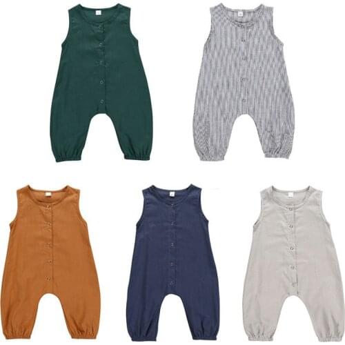 Kids Newborn Baby Boy Girl Cotton Linen Romper Solid Sleeveless Jumpsuit Outfit Summer Casual Clothes 0-24M1
