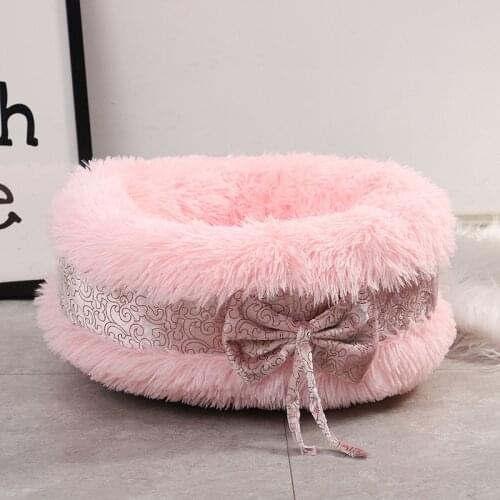 Long Plush Super Soft Puppy Dog Pet Mat With Bow Kennel Lounger Fluffy Cat House Winter Warm Sofa Basket Comfort Sleeping Bed