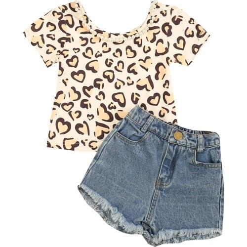 FOCUSNORM 0-4Y Summer Fashion Kids Girls Clothes Sets Leopard Printed Pear Neck T Shirts Tops Denim Shorts 2pcs