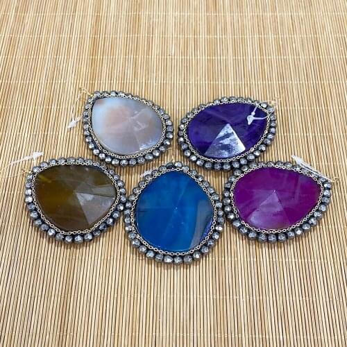 Exquisite Natural Stone Pendant with Drop-shaped Inlaid Diamonds In Five Colors for Handmade Necklaces and Earrings Accessories