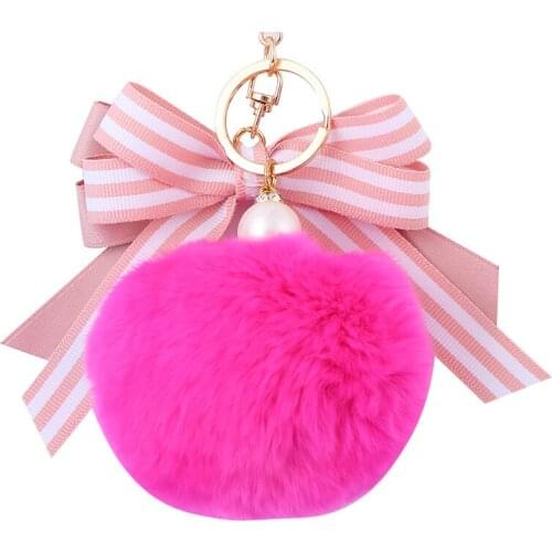 Cute Striped Bow Fur keychain Pearl Pompom Fake Fur Ball Key Chain Fluffy Pompon Keyring Bag Charms Key Ring Llaveros Chaveiros
