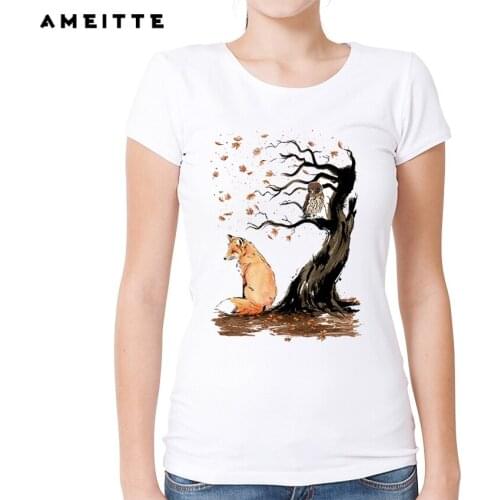 Fashion Autumn Tree Fox Design T Shirt Womens Customied Art Printed T-Shirt Summer High Quality Casual White Tee Tops LC3037