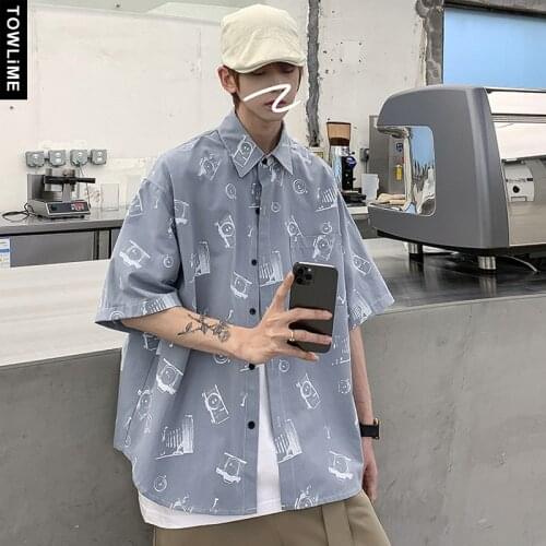 Men Graffiti Print Harajuku Loose Shirts 2021 Summer Mens Korean Fashion Short Sleeve Shirts Women Streetwear Vintage Clothes