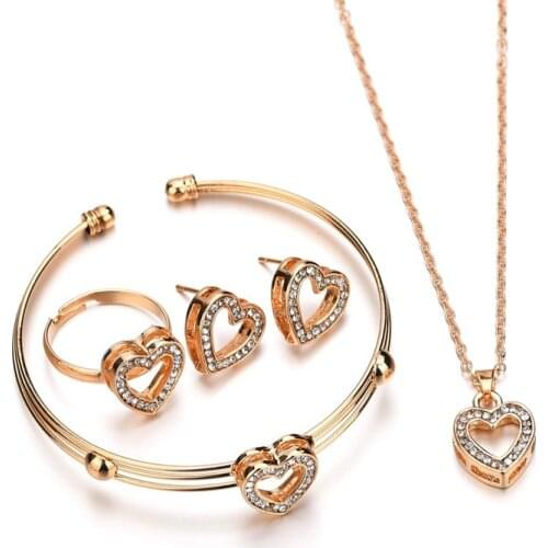 4 pcs Cute Heart Shaped Bracelet Neclace Earrings Sets Jewelry Crystal Kid Children Lovely Gold Color Jewelry Sets for Girl