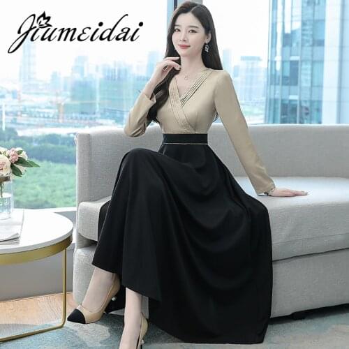 JiuMeiDai 2021 Women Autumn Elegant A-Line Dress Office Lady VNeck Patchwork Robe Femme Vintage Designer Party Clothing Vestidos