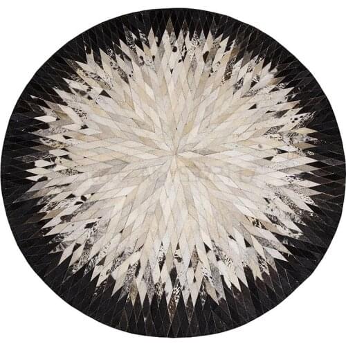 American Style Luxury Natural Brown Color Round Cowhide Patchwork Rug , Handmadecow Skin Fur Chequer Carpet for Living Room