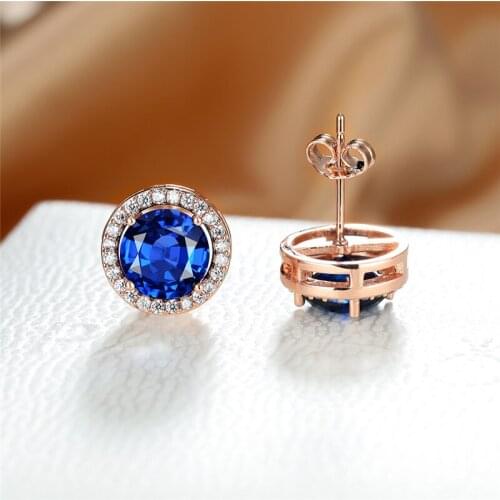 Vintage Rose Gold Color Small Earrings 8MM Round Stone Stud Earrings Dainty Blue Crystal Zircon Earrings For Women Party Jewelry