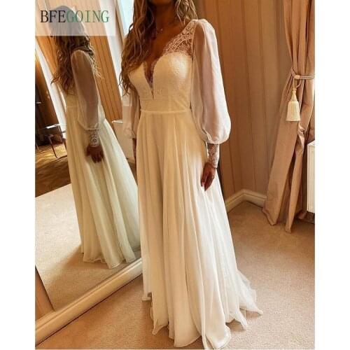 Ivory Chiffon Lace V-Neck Long Sleeves Bridal Gowns Floor-Length A-Line Wedding Dress Custom Made