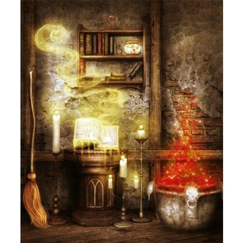 VinylBDS Halloween Photography Backdrops Retro Brick Wall Fairy Backgrounds Broom Wooden Floor Halloween Studio Backgrounds