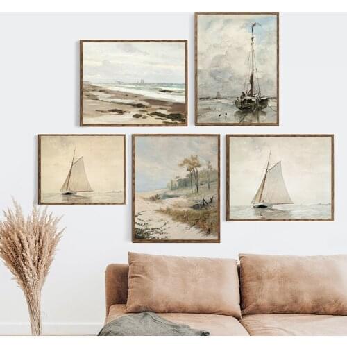 Vintage Seascape Watercolor Painting On Canvas Poster Coastal Art Prints Gallery Wall Art Pictures for Living Room Home Decor