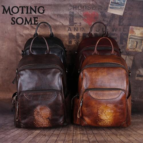 Vintage Retro Genuine Leather Backpack for Women 100% Vegetable Tanned Cowhide Multiple Pockets Travel Knapsack School Bag 2021
