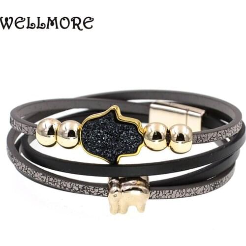 WELLMORE fashion jewelry leather bracelet beaded bracelets stone plam charm bracelets for women Bohemian bracelet wholesale