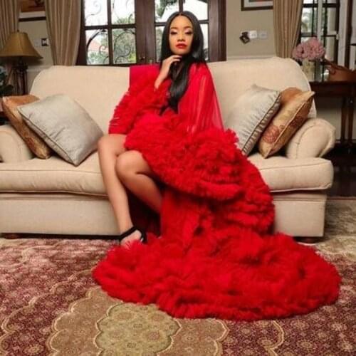Bright Red Ruffles Long Pregnant Women Robes See Thru Tulle Puffy Sleeves Long Tulle Dress Women Maternity Photoshoot Vestido